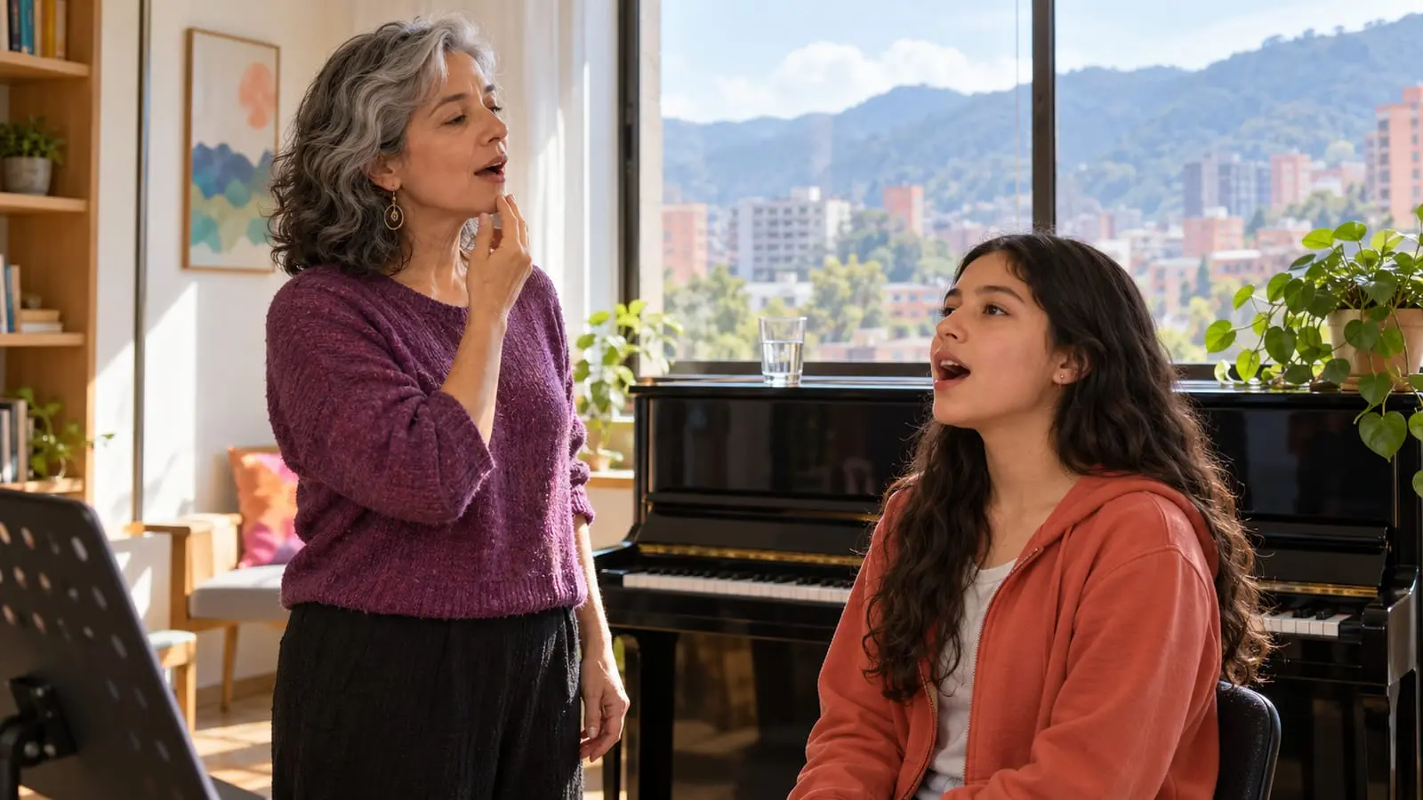 Una profesora se toca la mandíbula para mostrar relajación a una adolescente que canta en un salón