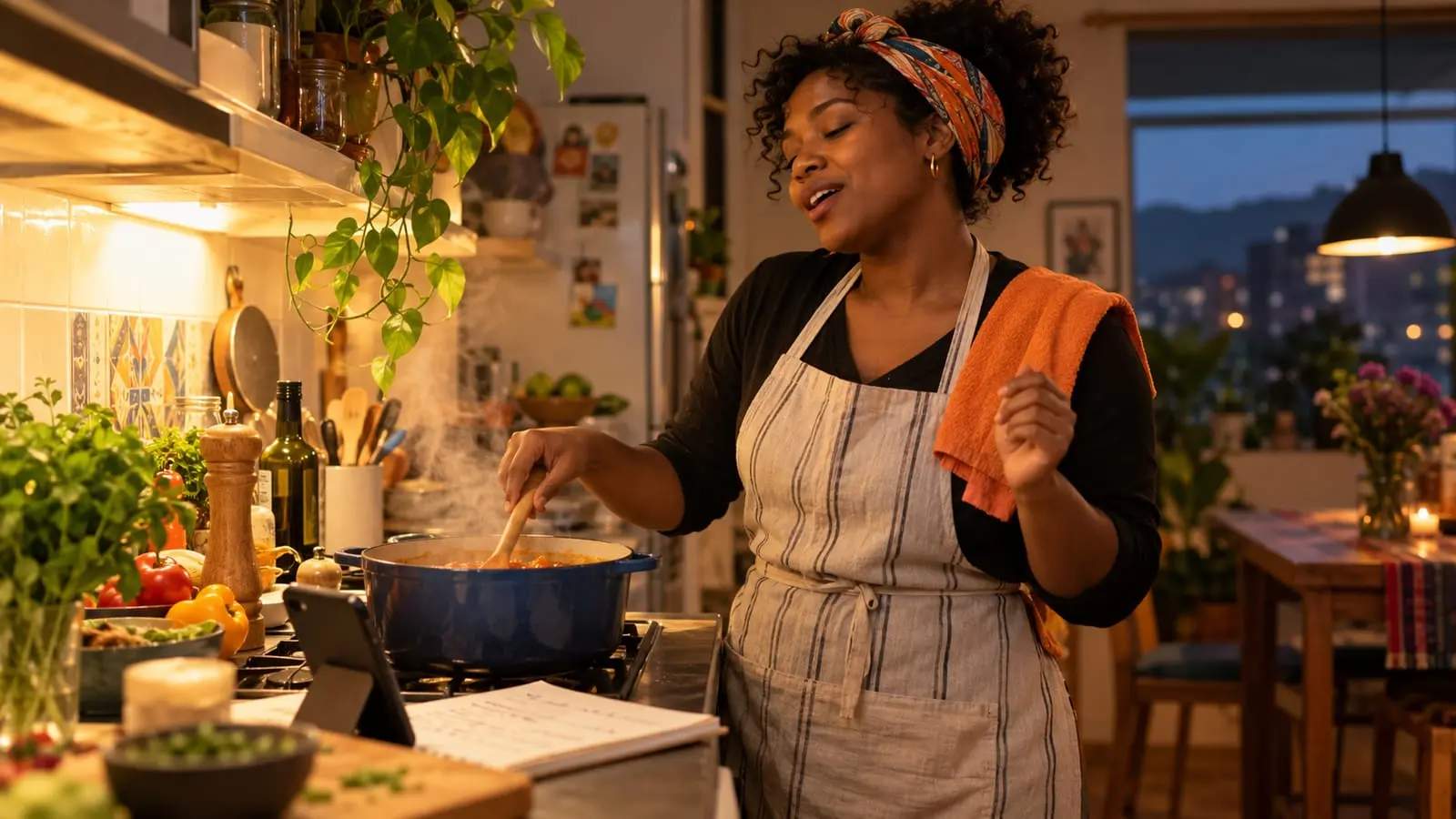 Una mujer canta con calma mientras cocina, con el celular y una hoja de letra apoyados en la mesa