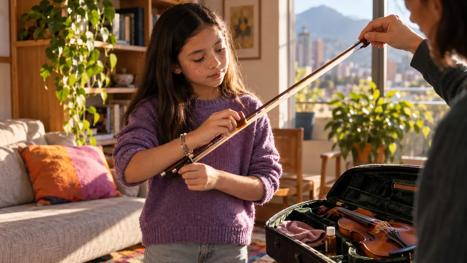 Una niña revisa el arco de su violín en la sala mientras un adulto sostiene la punta, con el violín en su estuche abierto