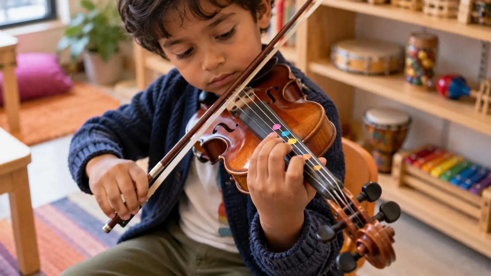 La mano de un niño con los dedos curvos sobre el diapasón de un violín con puntos de colores