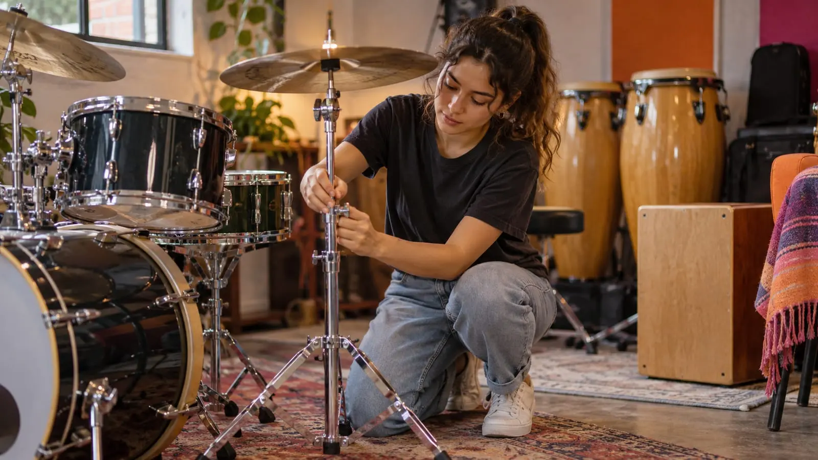 Una joven ajusta el soporte de un platillo en un cuarto de ensayo, con un cajón y unas congas al fondo