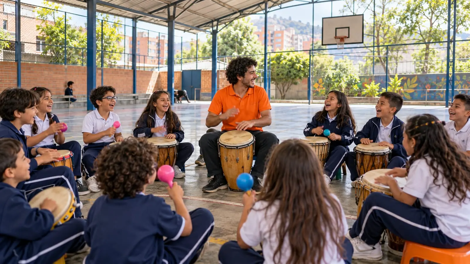 Un profesor dirige a un grupo de niños de edades mezcladas con tambores y maracas en la cancha de un colegio