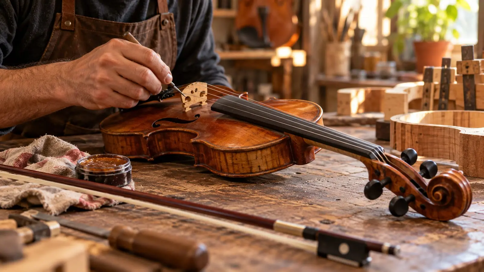 Un violín y su arco sobre una mesa de taller, con una mano de luthier cerca del puente y una pastilla de resina