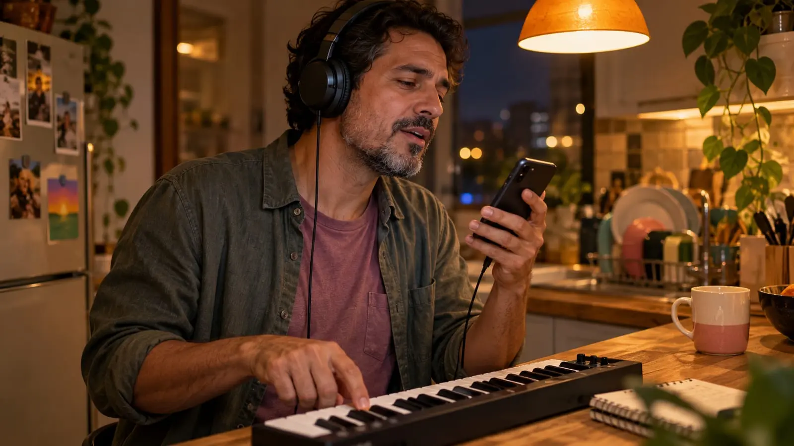 Un hombre con audífonos canta frente a su celular mientras toca una tecla en un teclado en la cocina