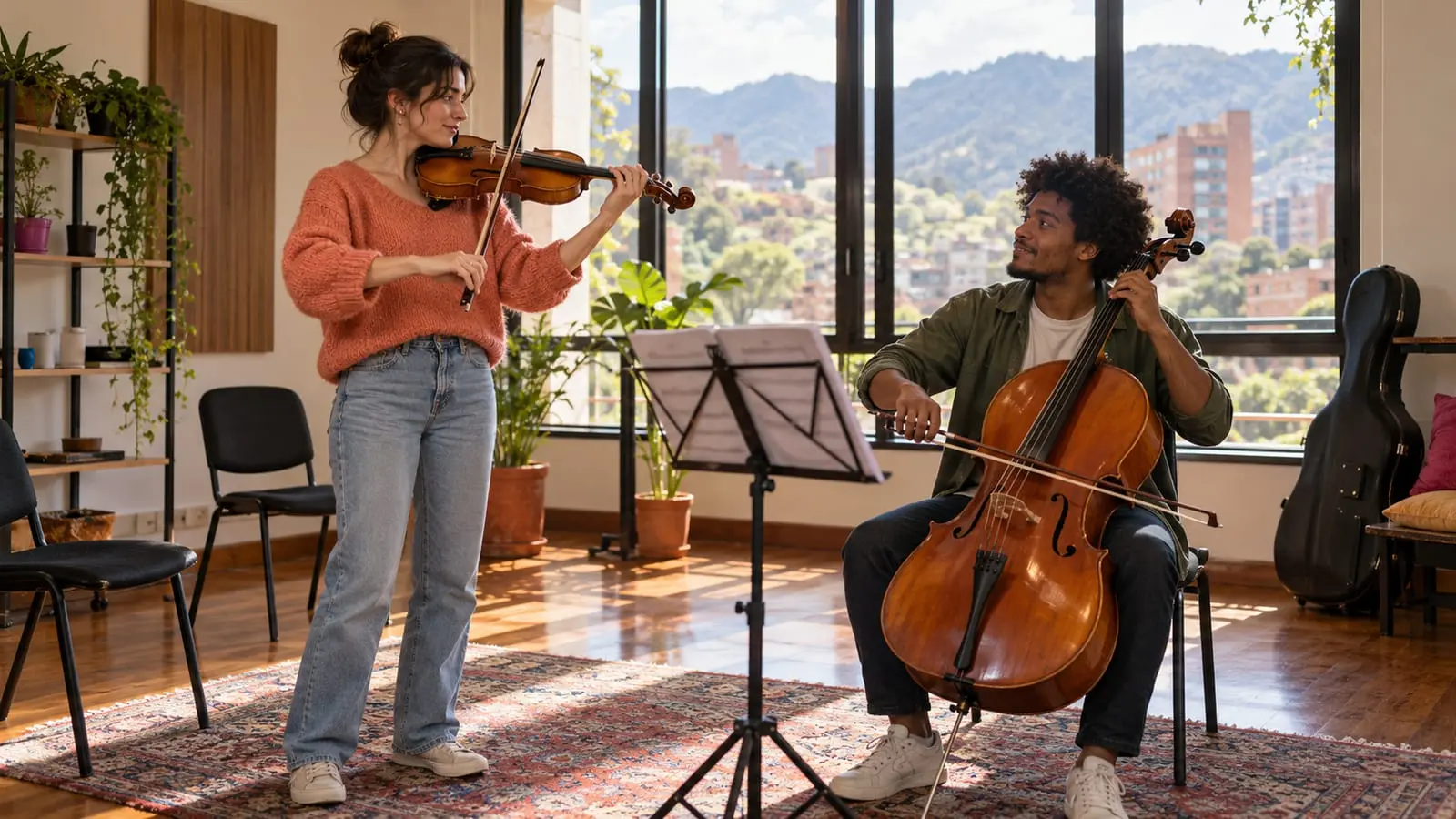 Una joven de pie con violín y un joven sentado con violonchelo tocan frente a frente en un salón de ensayo
