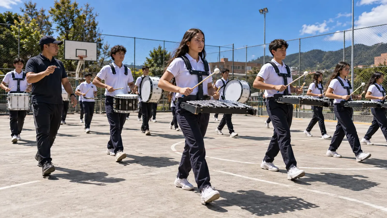 A school marching band rehearses with snare drums, bass drums and bell lyres on the court under the midday sun