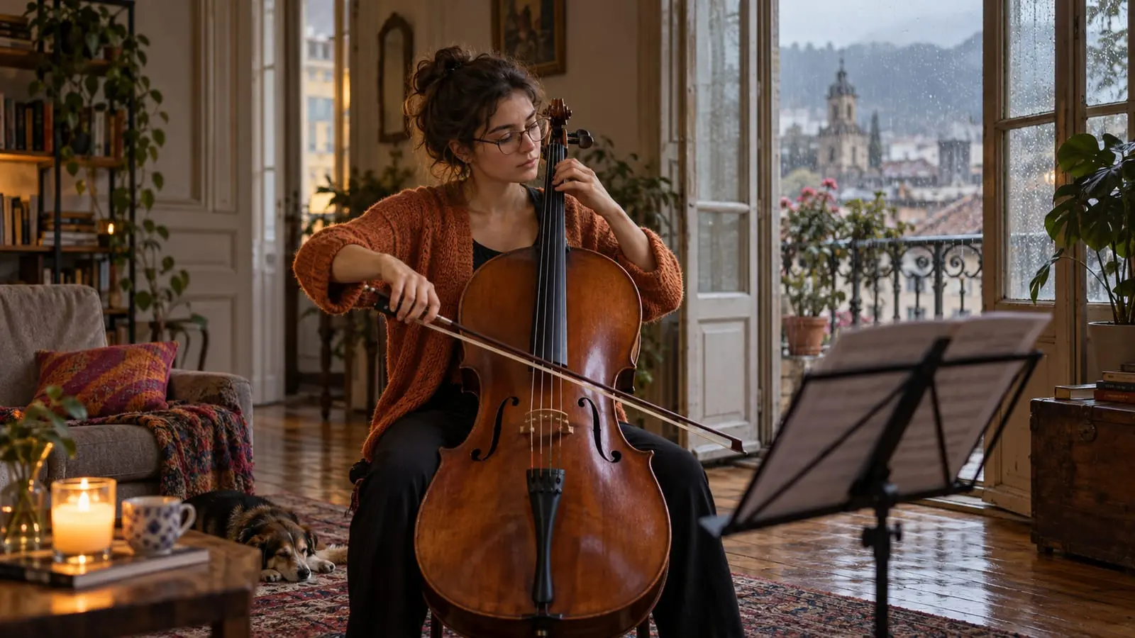 Una mujer toca el violonchelo sentada en una sala amplia de piso de madera mientras llueve afuera