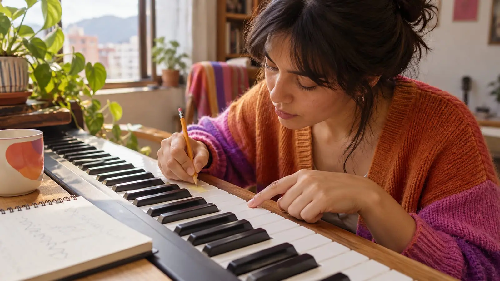 Una mujer señala una tecla blanca del teclado mientras sostiene un lápiz y un cuaderno con apuntes