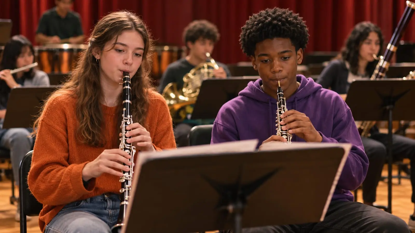 Una chica con clarinete y un chico con oboe comparten atril en una sección de maderas durante un ensayo escolar