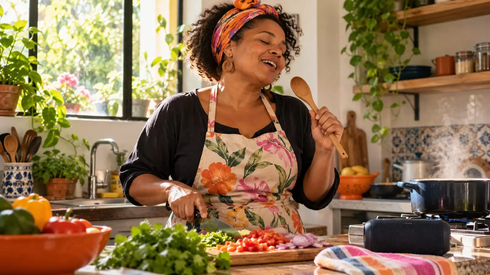 Una mujer canta con los ojos cerrados mientras cocina en una cocina soleada con plantas en la ventana