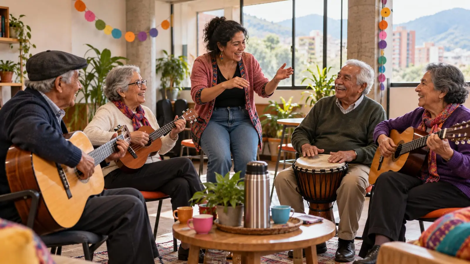 Un grupo de adultos mayores toca guitarras y ukeleles en círculo con una profesora en una sala comunitaria